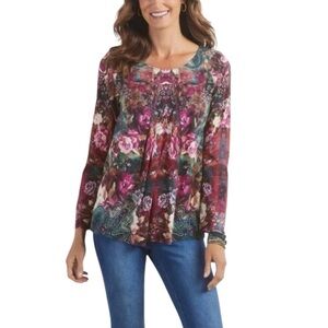 NWOT Soft Surroundings Elevadas Boho Print Long Sleeve Pleated Blouse Sz 2X